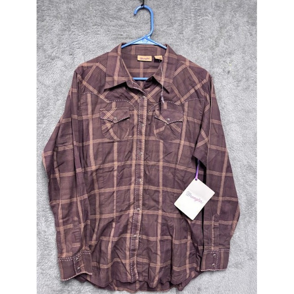 Wrangler Western Plaid Shirt Womens Large Brown Tan Long‎ Sleeve Snap Front